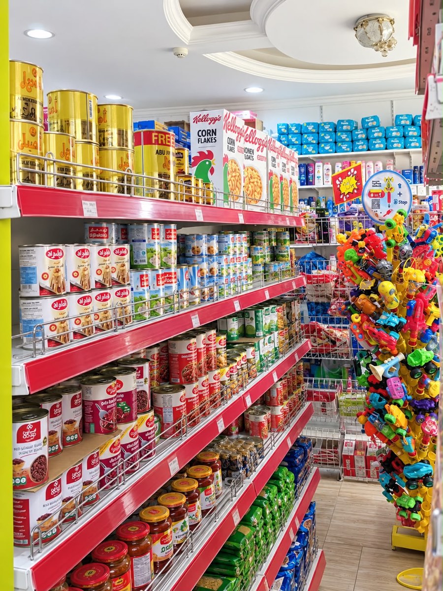 Canned goods and breakfast cereals along the main aisle