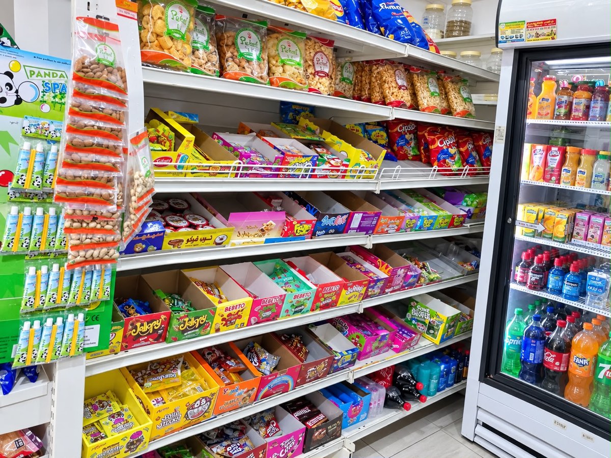 Confectionery and snack shelves beside the drinks chiller