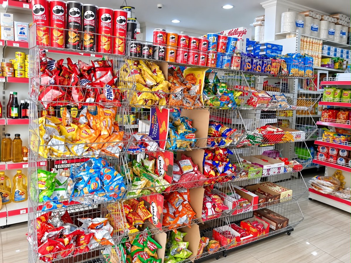 Open baskets of crisps and biscuits on the supermarket floor